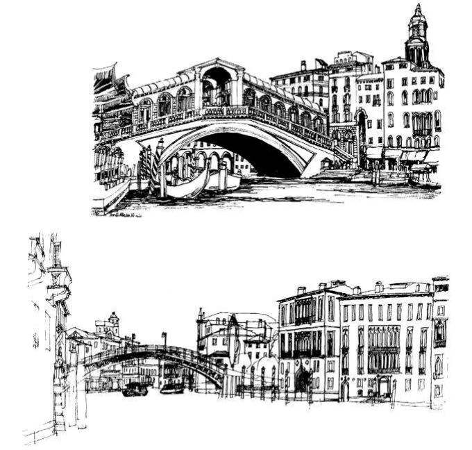 These four drawings take the theme of exploring bridge crossings over the canals of Venice. Each sketch relates the bridges to the adjoining palace facades.