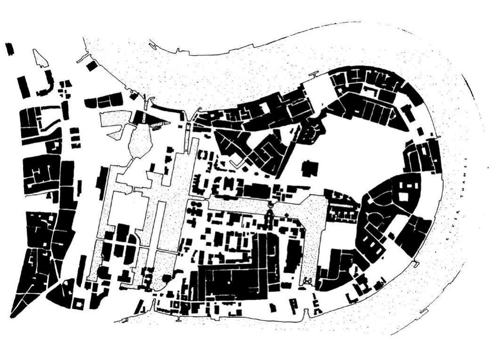Figure-ground drawings prepared from a good map can show the relationship between the solids (buildings) and voids (spaces) of the city. Here an area of London Docklands is shown with the lack of connections between old and new communities manifested through the drawing technique.