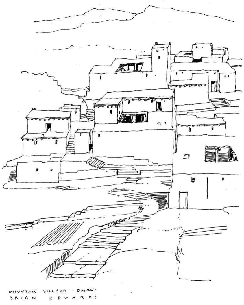 This drawing of a mountain village in Oman